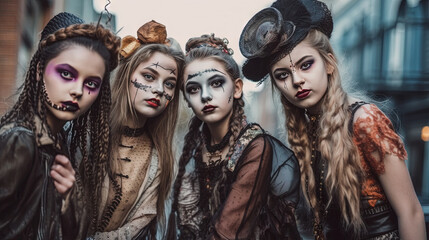 Obraz premium Group of teenagers in spooky makeup for Halloween holiday. Teen friends celebrating Halloween on the street.