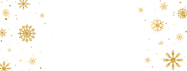 Gold glitter snowflakes frame. Luxury Christmas garland border. Golden snowflake background with different ornament. Winter ornament. Happy Holiday card. Celebration banner. Vector illustration