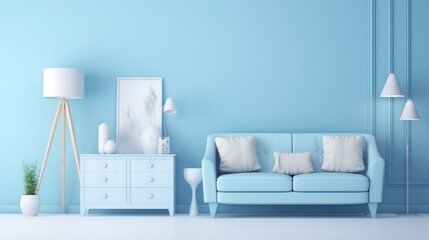 Stylish minimalist monochrome interior of modern cozy living room in white and pastel blue tones. Trendy couch, commode, floor lamp, poster template. Creative design. Mockup, 3D rendering.