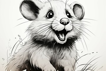 Line drawing whimsical raccoon with a big, cheerful smile