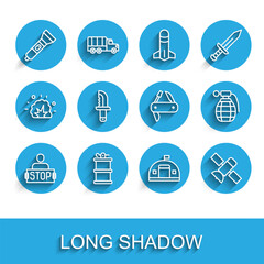 Set line Stop war, Hand smoke grenade, Flashlight, Military barracks, Satellite, knife, and Swiss army icon. Vector