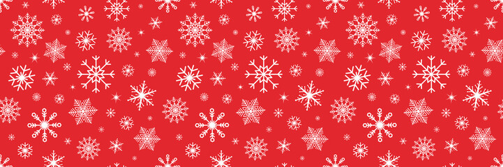 Snowflake Christmas background. White snowflakes on red banner. Happy Holiday card. Hello winter border. Color snowfall frame. Flying confetti. Celebration design. Vector illustration - obrazy, fototapety, plakaty
