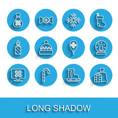 Set line Snowflake speech bubble, Christmas candy cane, Santa Claus bag gift, Figure skates, Winter hat, snow globe and Balloons with snowflake icon. Vector