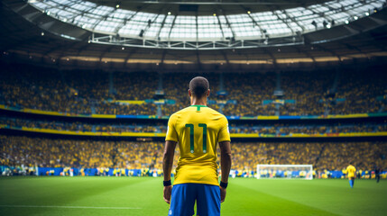 A Brazilian soccer player seen from behind enters the field in the large stadium - obrazy, fototapety, plakaty