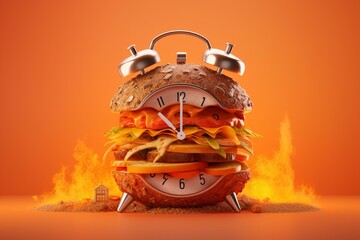 Burger alarm! A giant clock burger on an orange backdrop. Digital creation. Generative AI