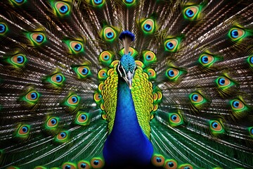 Obraz premium Proud beautiful bird peacock male has spread his beautiful tail.