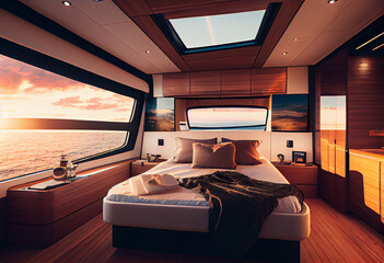 Sleeping cabin on a luxury yacht or cruise ship. AI generated. - obrazy, fototapety, plakaty