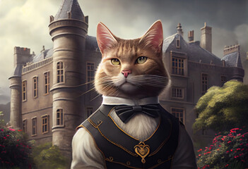 Cat butler, majordomo cat portrait, on the background of an ancient castle. AI generated.