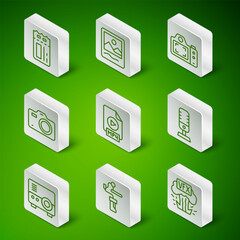 Set line VFX, Gimbal stabilizer for camera, Cinema ticket, MP4 file document, Photo, frame, Media projector and Microphone icon. Vector