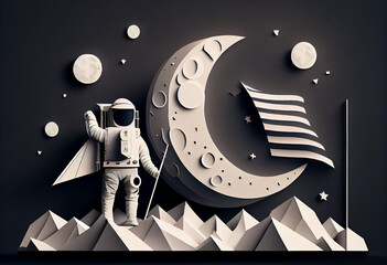 The astronaut puts a flag on the moon. Paper cut style. AI generated.