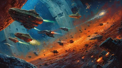 Fotobehang Space ships battle over alien planet in 80s books style. Retro science fiction illustration. © swillklitch