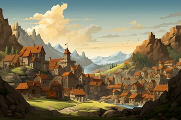 Illustration of medieval village. Generative AI