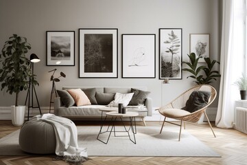 Livingroom with four-framed poster composition on wall in Scandinavian style. Rendered in 3D. Generative AI