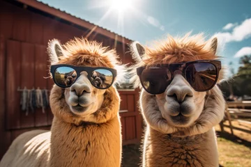 Crédence en verre imprimé Lama Comical Alpacas close up in a cozy farmyard, wearing sunglasses