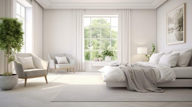 Interior of white modern classic bedroom in luxury cottage or hotel. Large comfortable bed, poster on the wall, armchairs, plant in a pot, large windows with garden view. Mockup, 3D rendering.