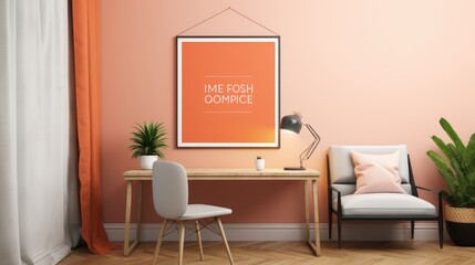 Stylish minimalist monochrome interior of modern office room in pastel orange and beige tones. Wooden desktop with table lamp, chair, armchair, houseplants, poster templates. Mockup, 3D rendering.