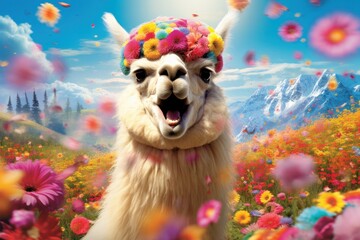 Laughing Alpaca in a Colorful Meadow, on the flower field background