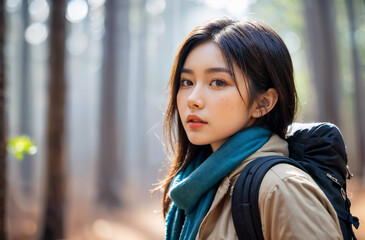 Fototapeta premium portrait of a woman backpack travel in a forest