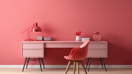 Stylish minimalist monochrome interior of modern office room in pastel carmine red and pink tones. Large desktop, office tools, table lamp, chair. Creative design. Mockup, 3D rendering.