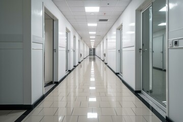 Empty corridor with shiny tiles on floor and white doors in office. Generative AI
