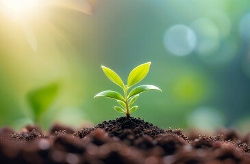 Small seedlings are growing. and the bright morning sunshine in the concept of hope and opportunity