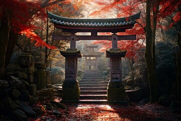 Entrance, Japanese shrine, deep forest, trees, red leaves, cool light. Generative AI