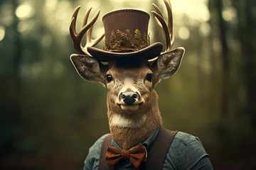 Fotobehang a cool deer wearing a hat © Salawati