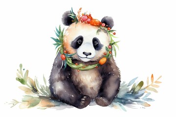 An adorable festive panda adorned with deer antlers, surrounded by a garland. Watercolor artwork featured on a white background for a cheerful Merry Christmas greeting card. The panda. Generative AI