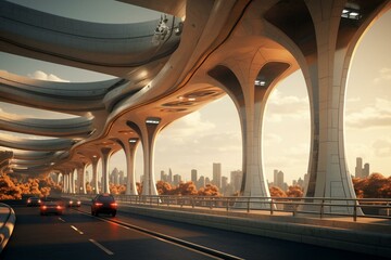 Bridge with pillars spanning over a sleek roadway. Generative AI