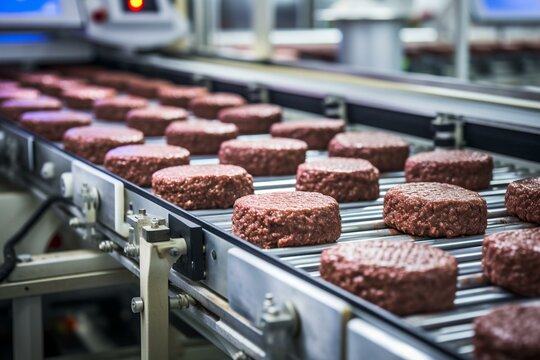 Conveyor in factory producing eco-friendly beef patties. Generative AI
