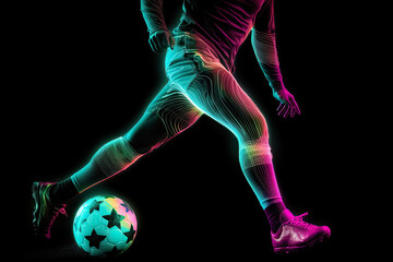 Football sport player feet kicking the ball in neon color light for futuristic sport concept. - 646478116