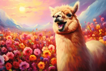 Selbstklebende Fototapeten Laughing Alpaca in a Colorful Meadow, on the flower field background © zakiroff