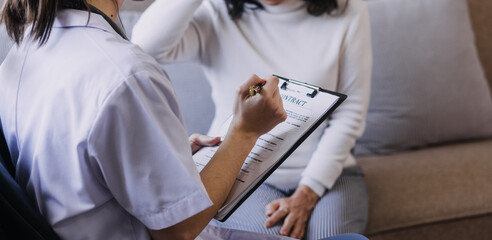 Homecare nursing service and elderly people cardiology healthcare. Close up of young hispanic...