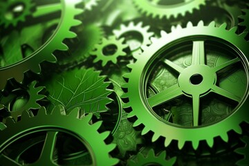Eco-friendly background with process improvement and sustainability concept. 3D illustration featuring a gear mechanism for green business and ecological enterprise process. Generative AI