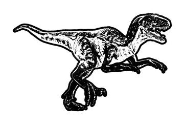 Running Deinonychus dinosaur retro stencil illustration stamp with distressed grunge texture isolated on transparent background