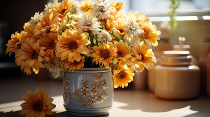 Beautiful sunflowers in kitchen.