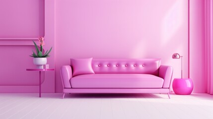 Fototapeta na wymiar Stylish minimalist monochrome interior of modern cozy living room in pastel pink and purple tones. Trendy couch, floor lamp, coffee table, decorative plant. Creative home design. Mockup, 3D rendering.
