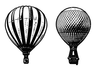 Classic hot air balloons retro stencil illustration stamps with distressed grunge texture isolated on transparent background © HTGanzo