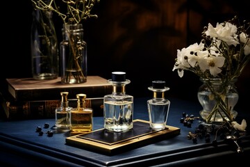 Simple perfumery setup with a bottle on a table. Generative AI - obrazy, fototapety, plakaty