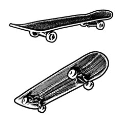 Skateboard retro stencil illustration stamps with distressed grunge texture isolated on transparent background © HTGanzo