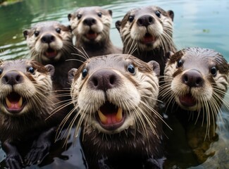 A group of otters look at the camera in a friendly way