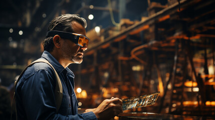 Businessman wearing virtual reality goggles.