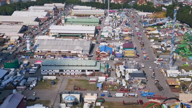 Perfect aerial view flight drone roller coaster Bavaria October Festival Munich