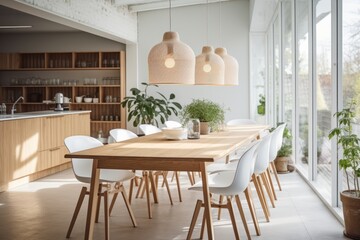 contemporary nordic dining room area with natural light home interior design background template beautiful house with garden - obrazy, fototapety, plakaty
