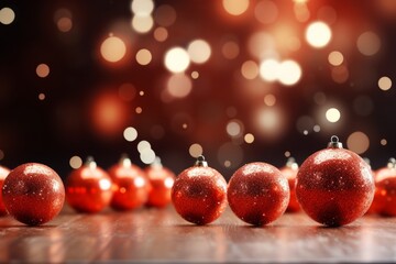 Photo of a festive display of red Christmas ornaments on a tabletop created with Generative AI technology