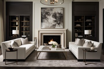 beautiful classic style detail element decorating formal living room with stone fireplace home interior background