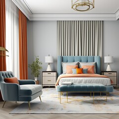 modern stylish minimal bedroom interior design and decorative room daylight blue and orange accent color bedroom house background