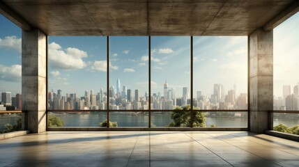 Interior of empty open space room in modern urban building for office or loft studio. Concrete walls and floor, home decor. Floor-to-ceiling windows with city view. Mockup, 3D rendering.