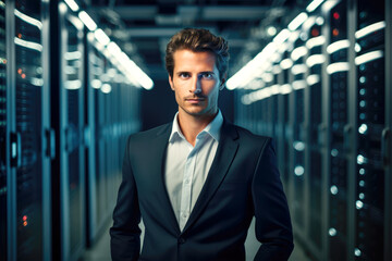Fototapeta premium Attractive Business Man In A Bright Server Room. Ai Generated 