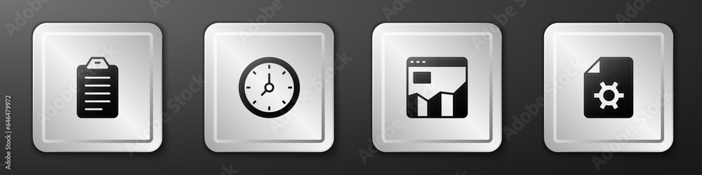 Poster set to do list or planning, clock, graph chart infographic and document settings icon. silver square